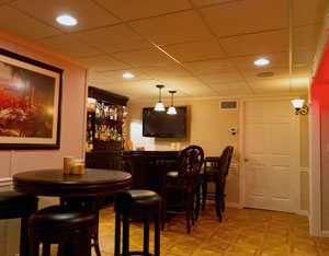 A finished basement TV room in Lowell